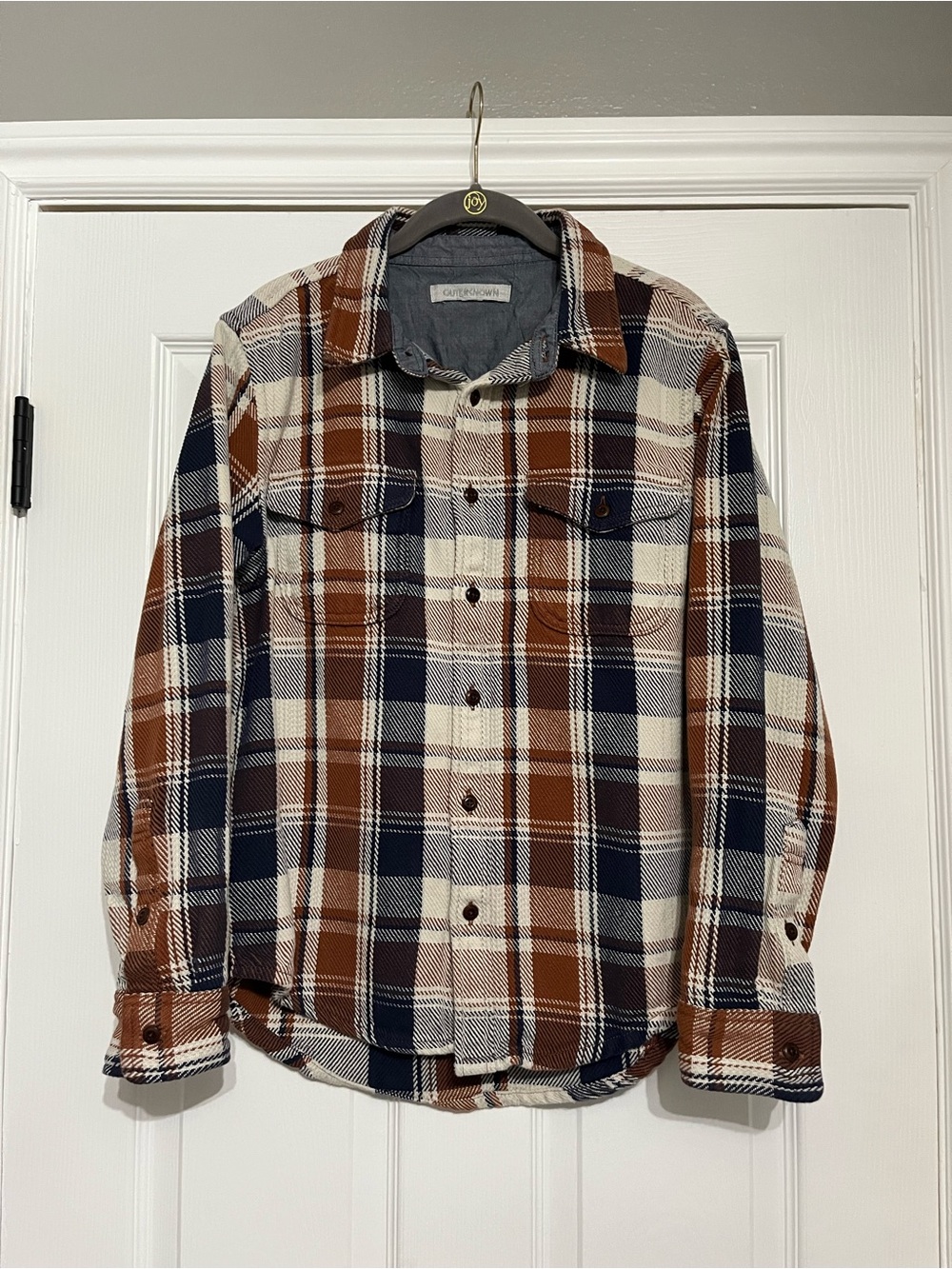 Outerknown Blanket Shirt Rust and Navy Plaid 100% Organic Cotton Button Up Med